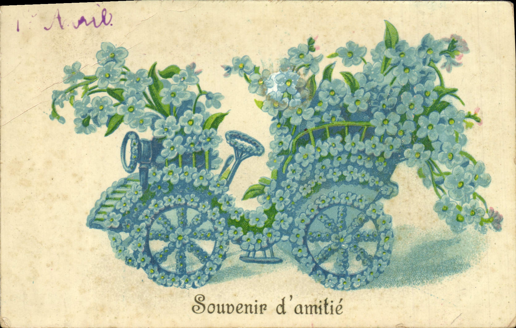 VINTAGE POSTCARD Fantaisie Tank has Automobile flowers