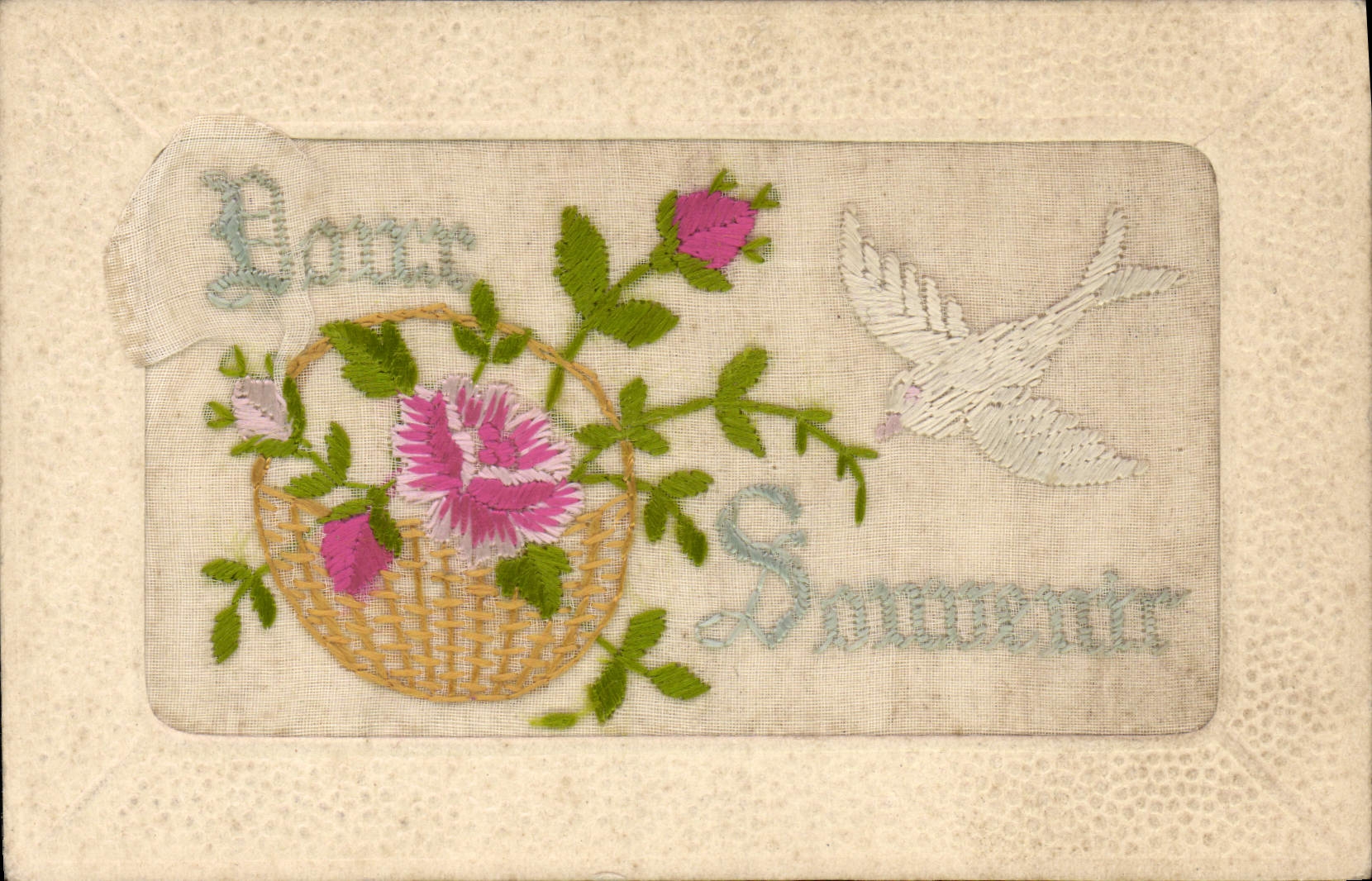 CPA Fantaisie Fleurs Colombe Brodee