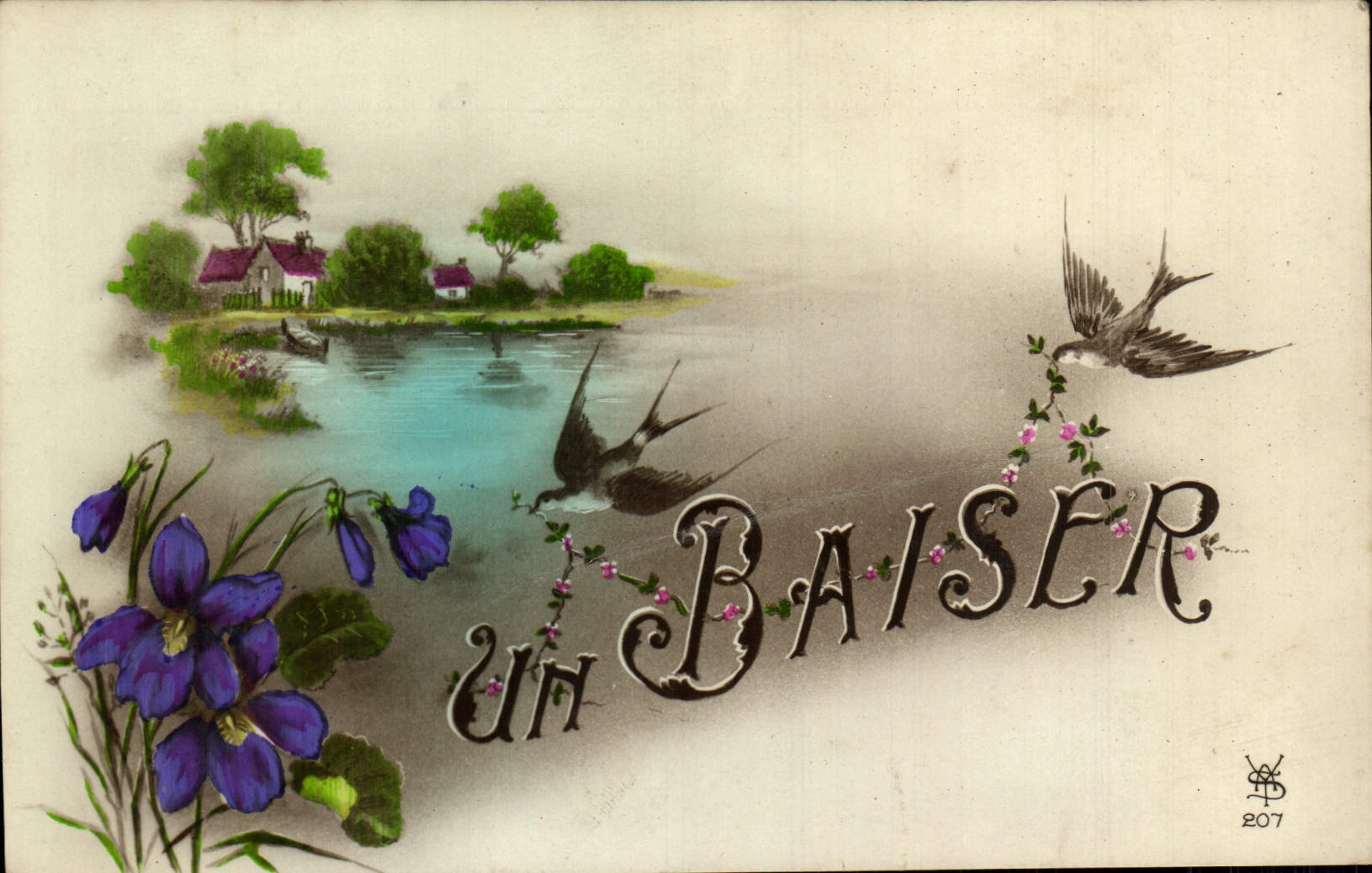 CPA Fantaisie Fleurs Hirondelle