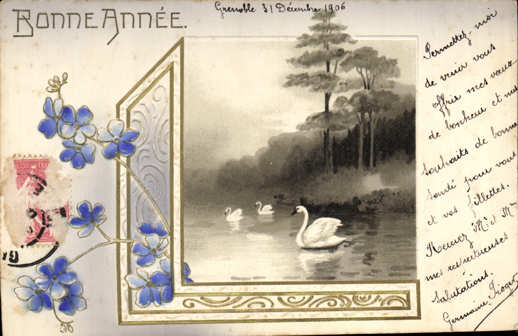 CPA Fantaisie Fleurs Cygne 