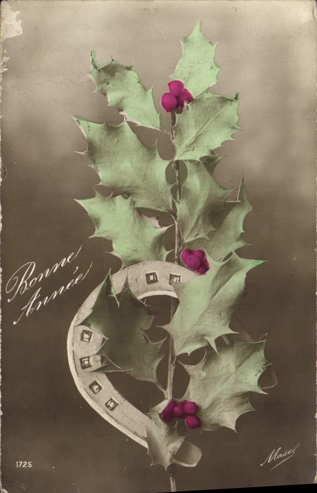 VINTAGE POSTCARD Fantaisie Houx Horseshoe Happy New Year