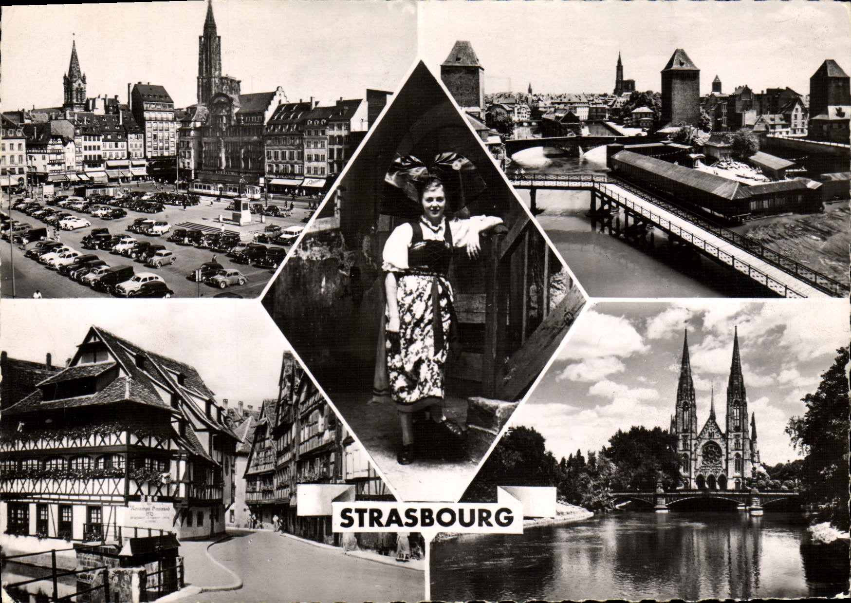 POSTAL MODERNA Estrasburgo pone el baño Alsatian cubierto Ponts de Kleber en las plantas Eglise San Pablo