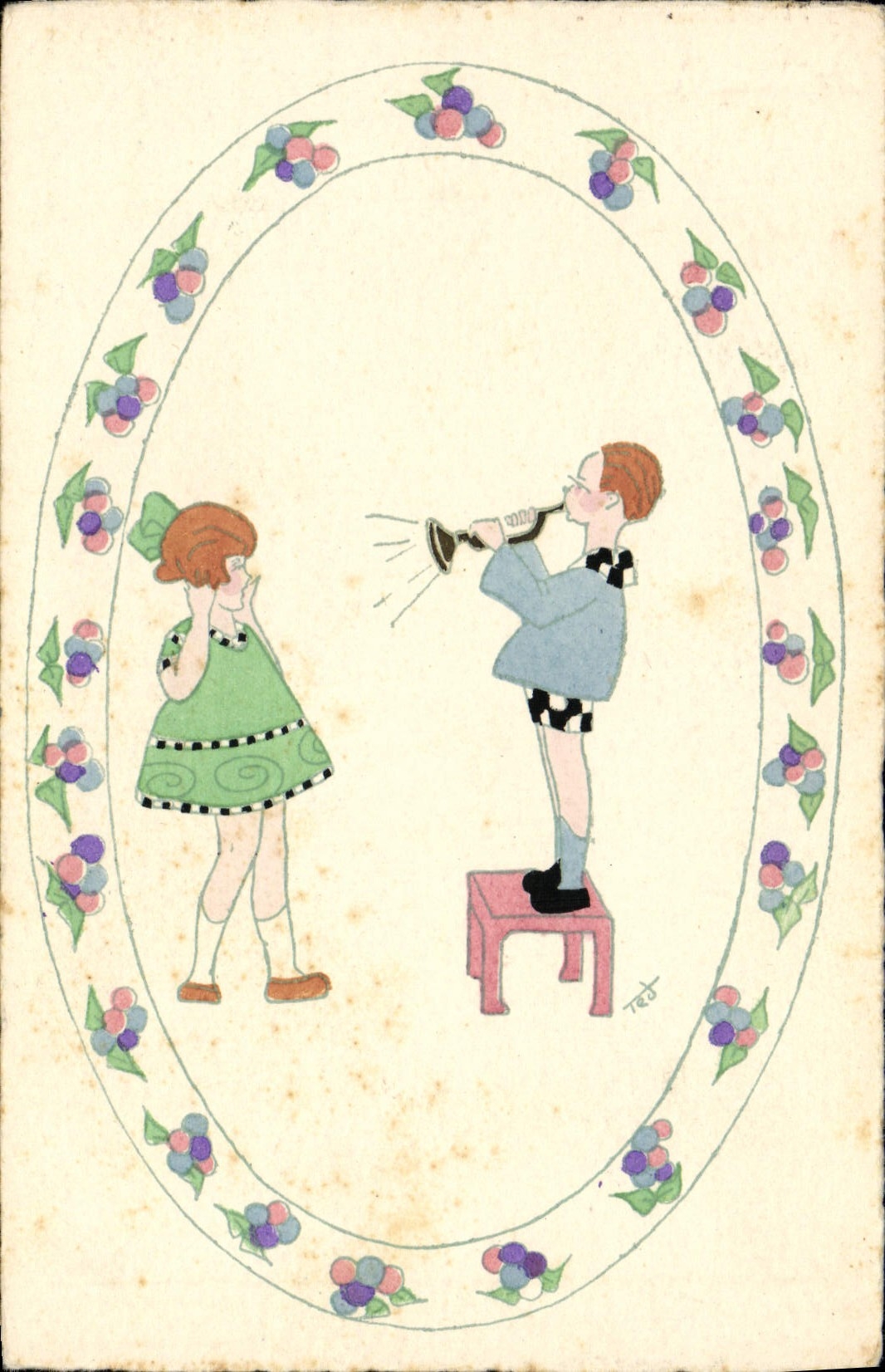 VINTAGE POSTCARD Fantasy Children Trumpet