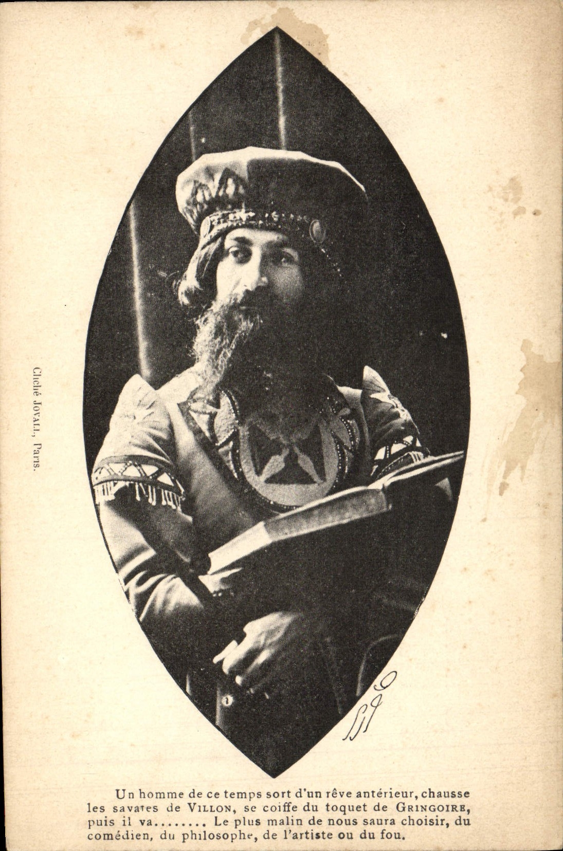 Los deslizadores del hombre de Fantaisie de la POSTAL de la VENDIMIA de Villon capsulan el toquet de Gringoire