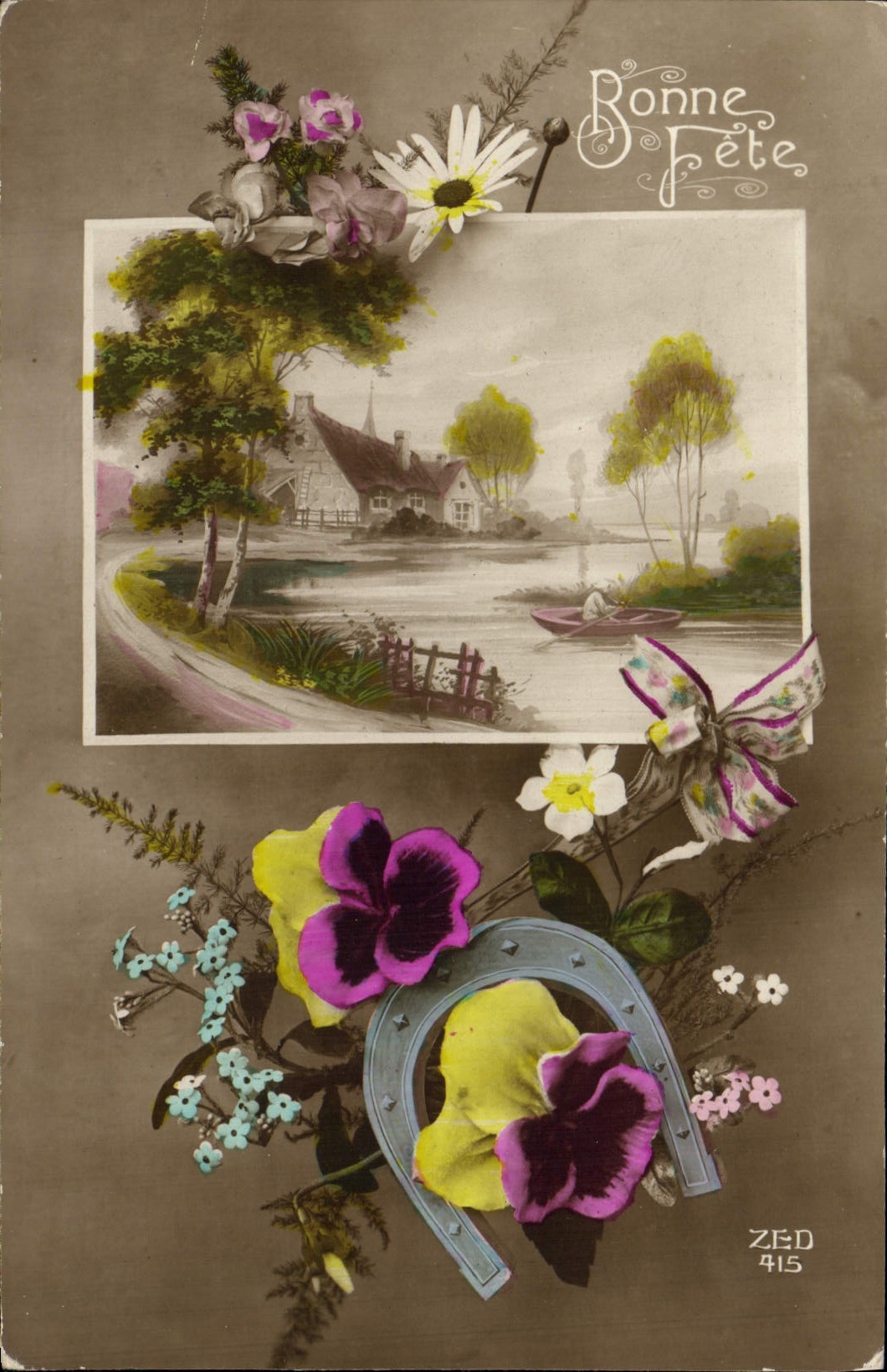 VINTAGE POSTCARD Fantaisie Bonen Flowers celebrates Horseshoe