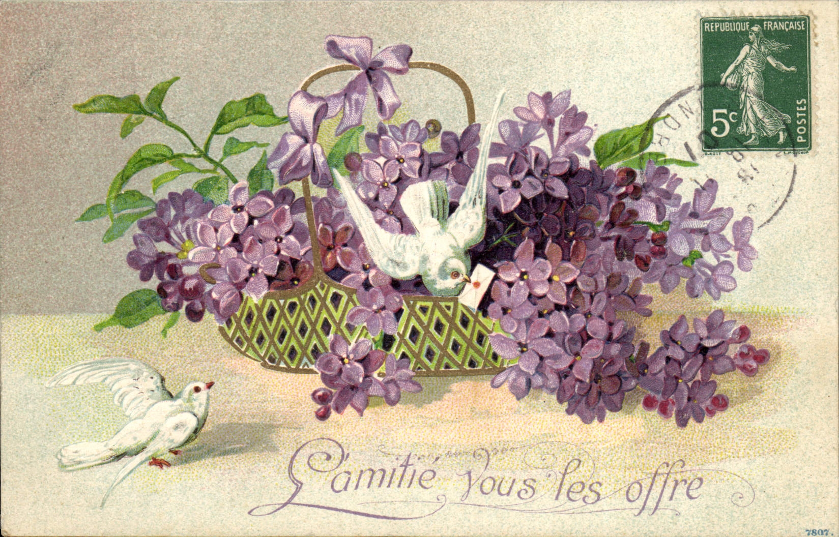 VINTAGE POSTCARD Fantaisie the friendship Offers Them to You Flowers Doves
