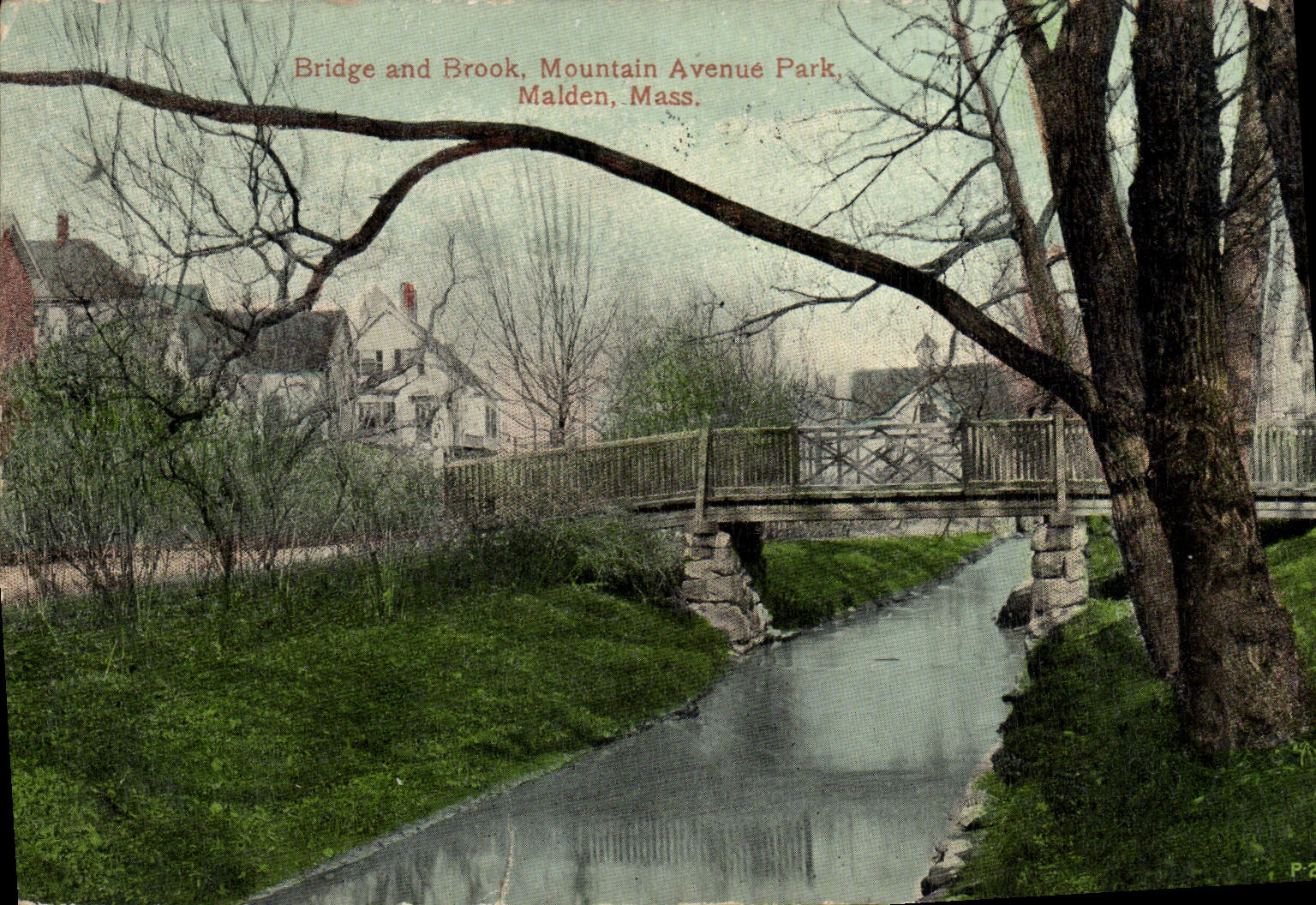 VINTAGE POSTCARD Bridge And Brook Mountain Avenue Park Malden Farmhouse