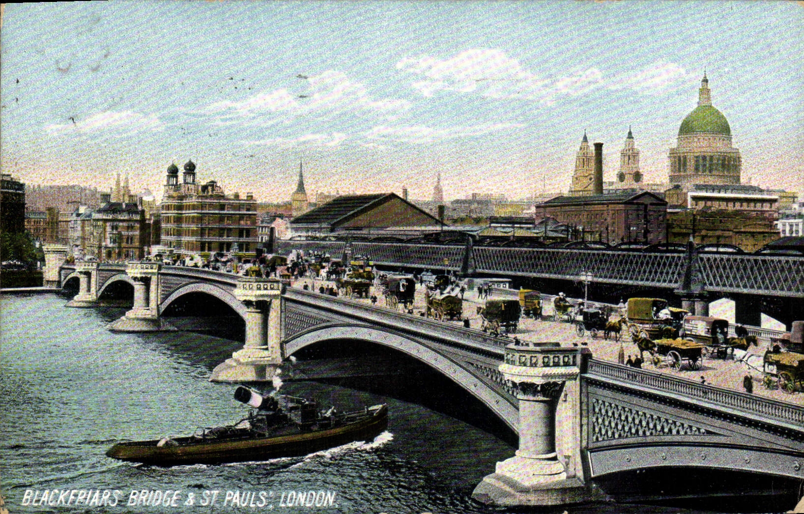 Barco del St Pauls Londres del puente de Blackepiars de la POSTAL de la VENDIMIA