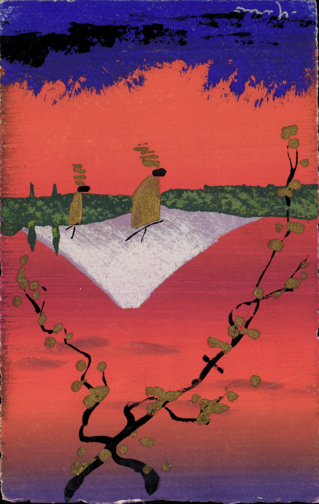 VINTAGE POSTCARD Drawing with the hand Japan Volcano