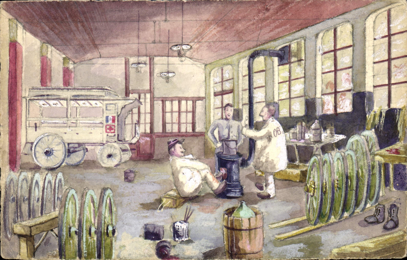 Dibujo de la POSTAL de la VENDIMIA con los soldados de la mano cerca de la estufa MAGNÍFICA Militaria