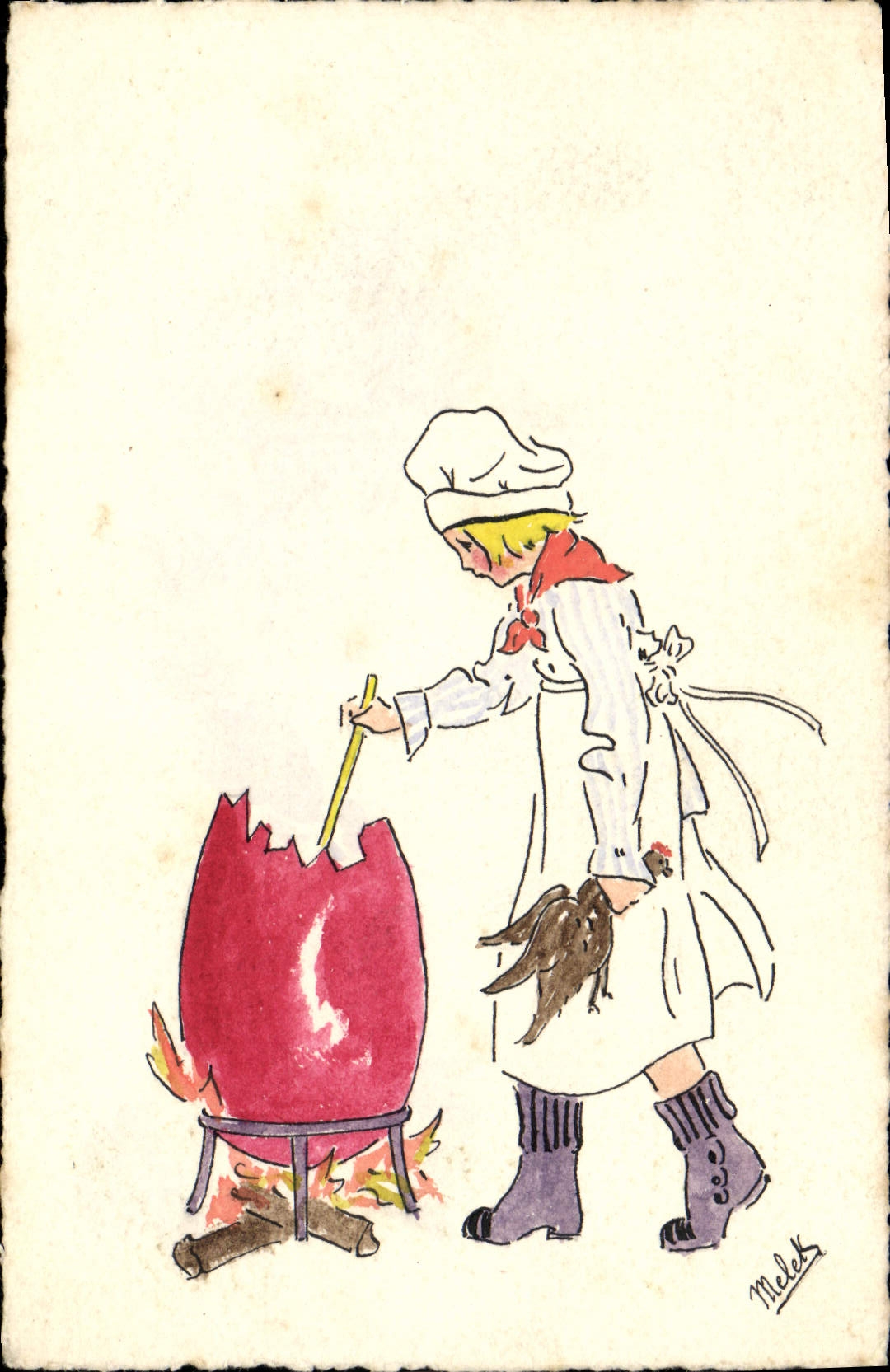 VINTAGE POSTCARD Illustrator Melek Child cooking a hen