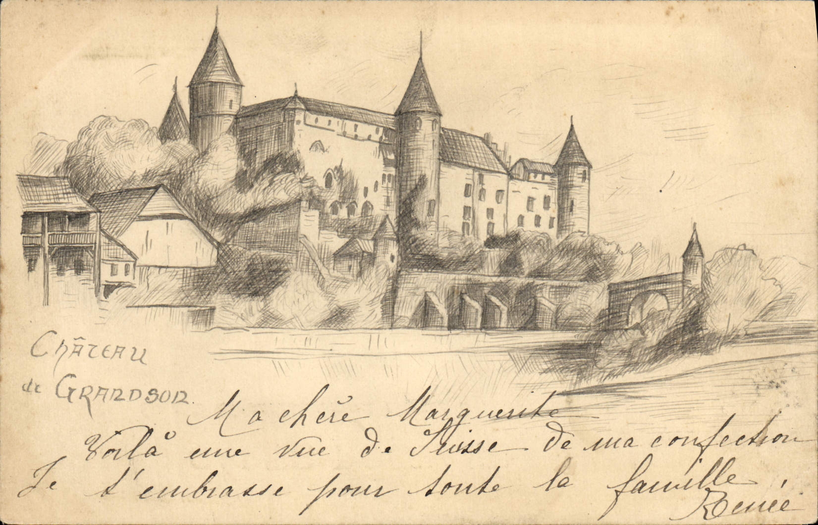 CPA Dessin a la main Chateau de Grrandsor Suisse Unique
