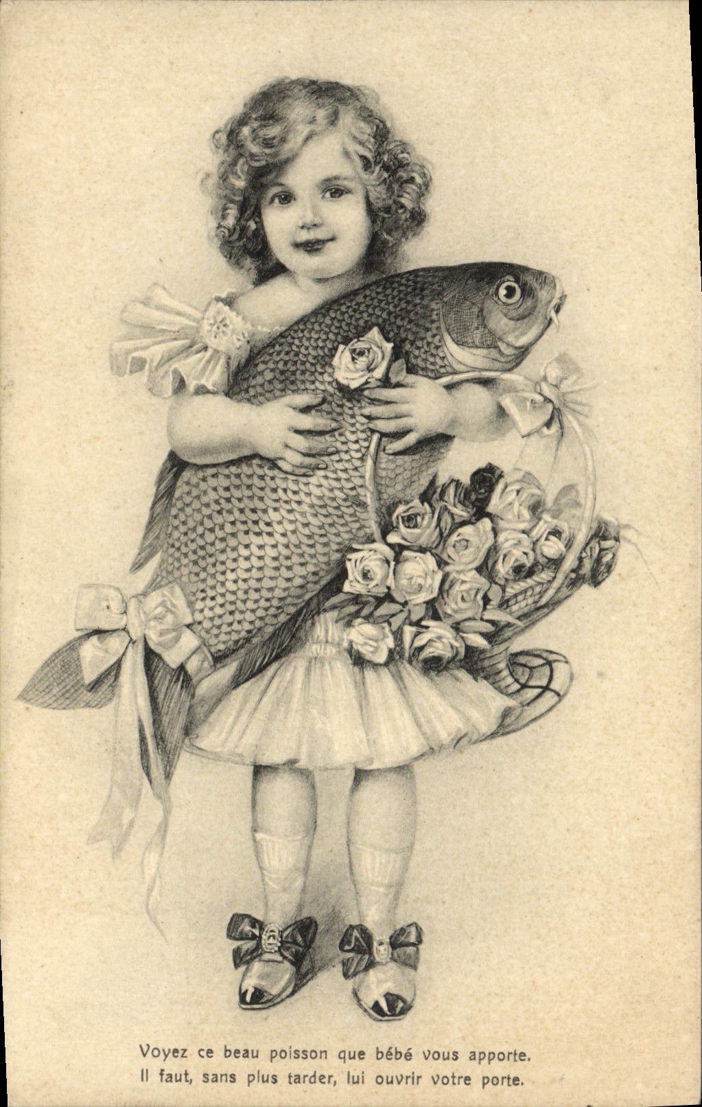 VINTAGE POSTCARD Voyez This Poisson Beautiful That Baby Brings Child to You