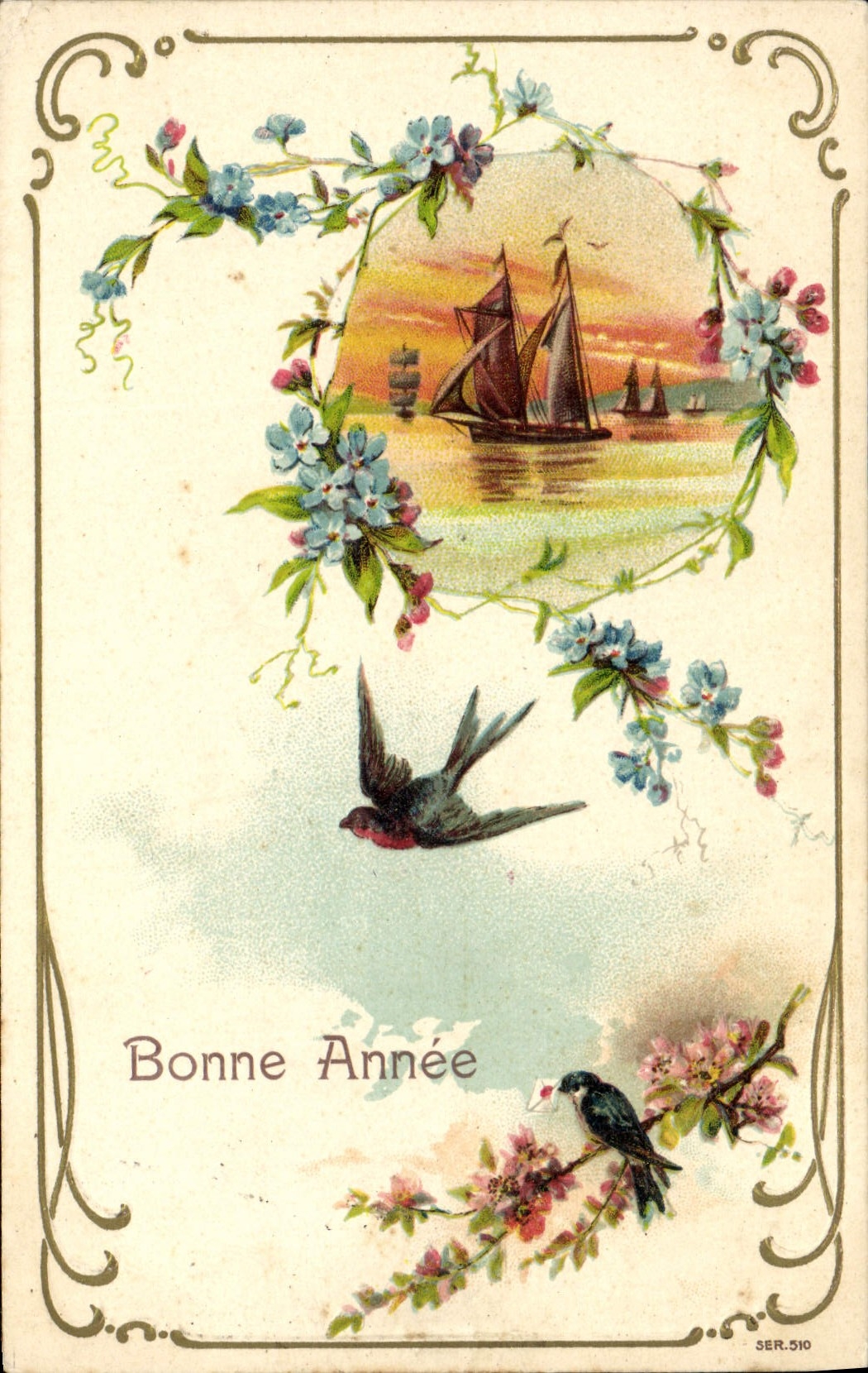 VINTAGE POSTCARD Fantasy Flowers Swallow Happy New Year