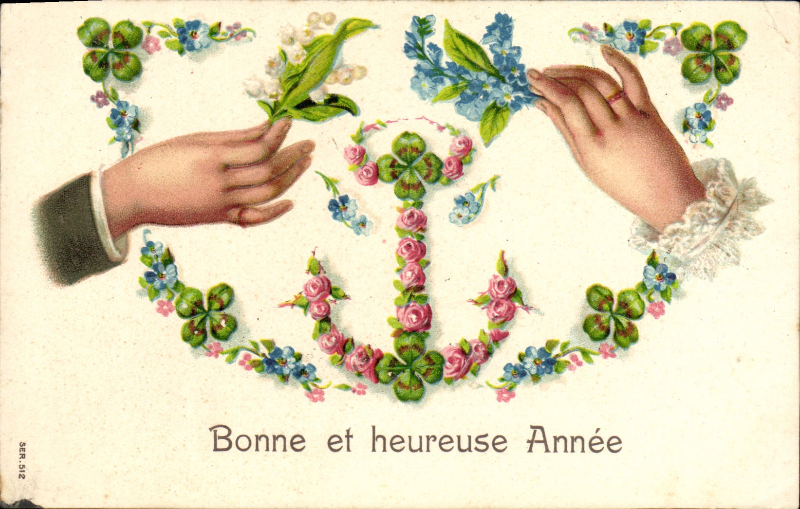 CPA Fantaisie Fleurs Mains Ancre de marine Bonne Et Heureuse Annee