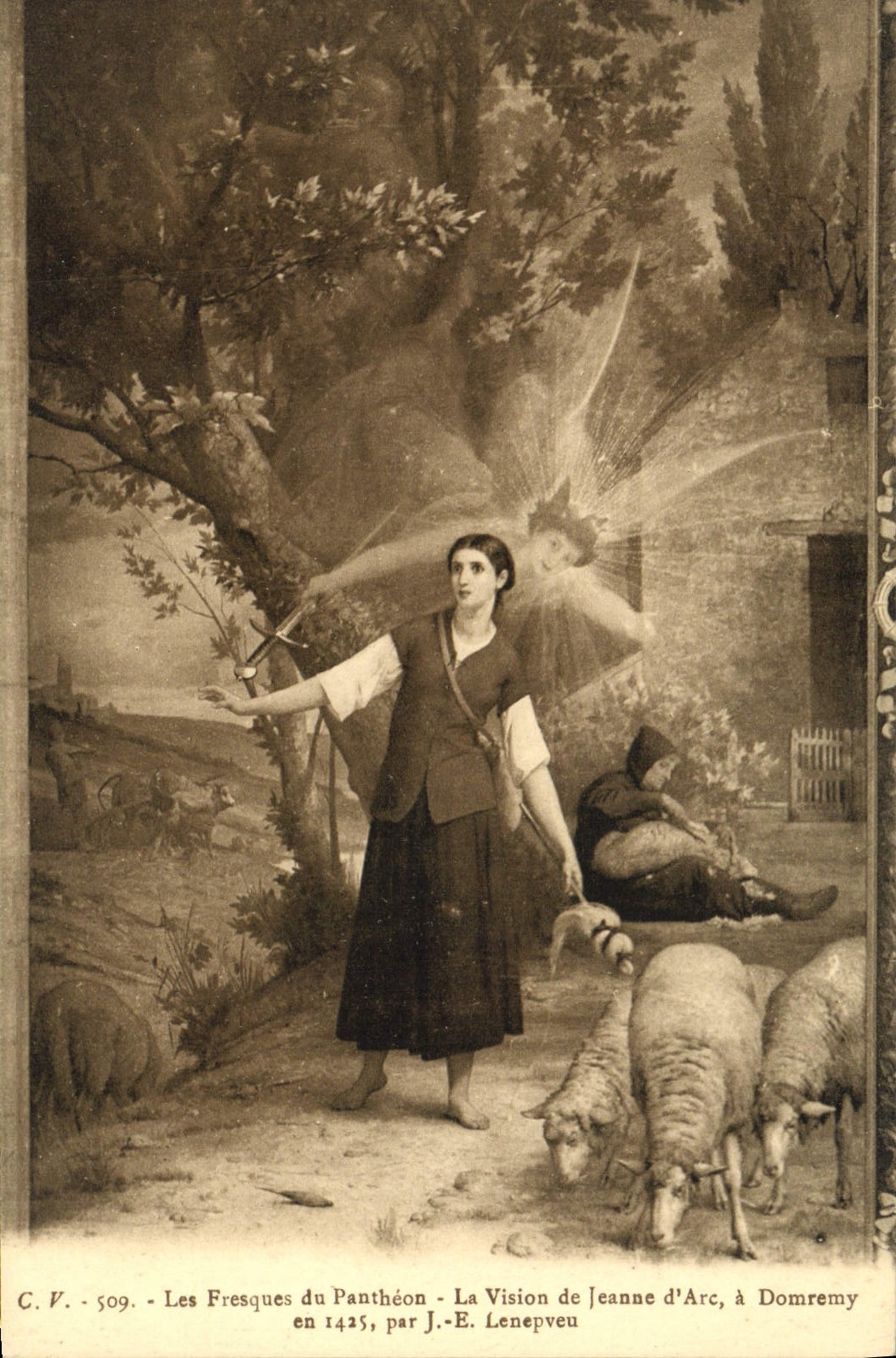 VINTAGE POSTCARD Frescos Of the Pantheon Vision Of Jeanne d' Arc Domremy Lenepveu Angel