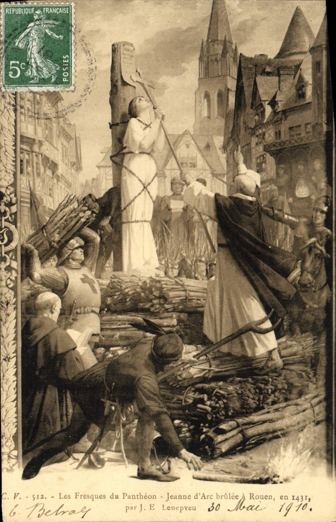 VINTAGE POSTCARD the Frescos Of the Pantheon Jeanne d' Arc brulee has Rouen in 1431 Lenepveu