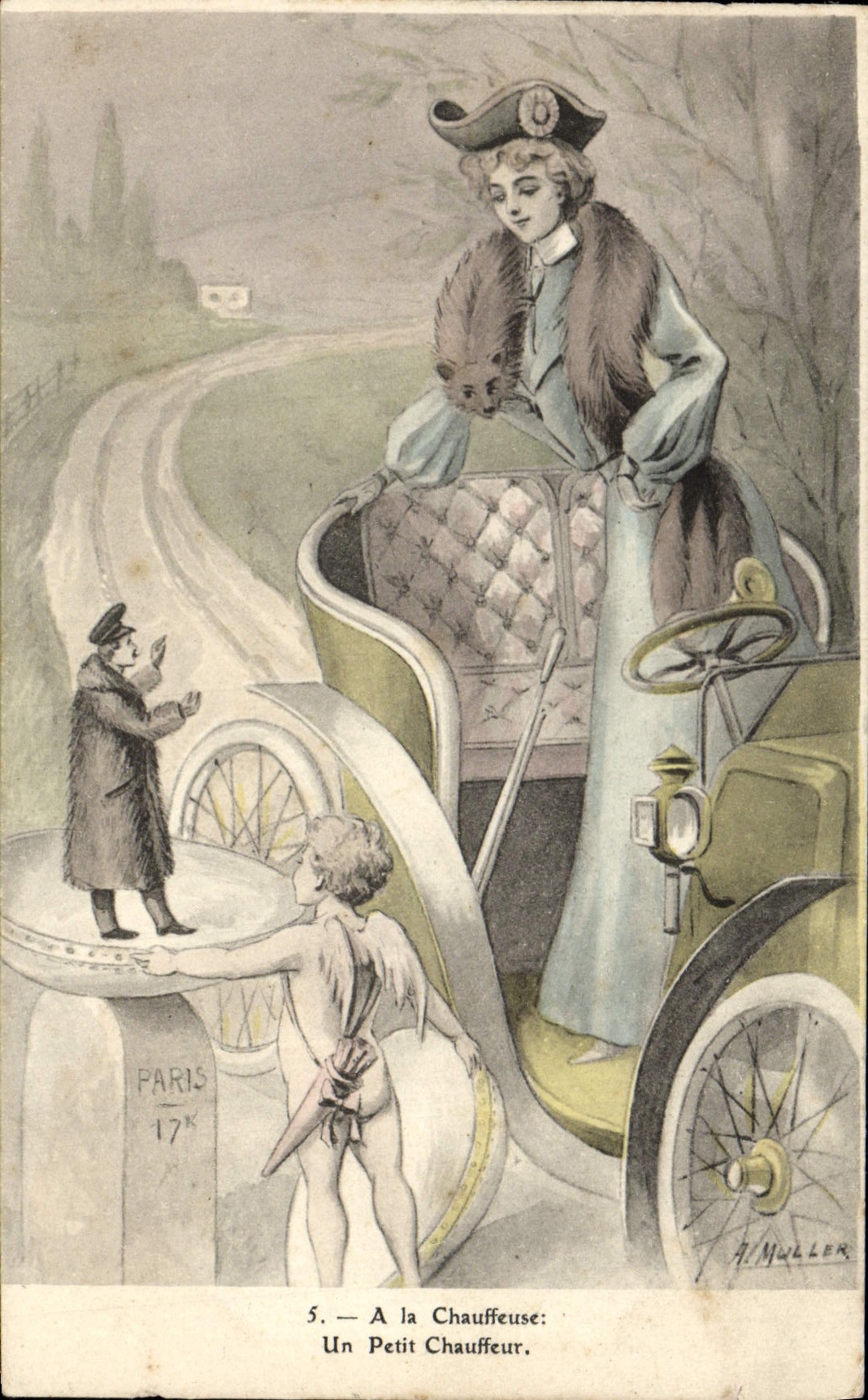 VINTAGE POSTCARD In Chauffeuse a Small Driver Automobile Woman Angel