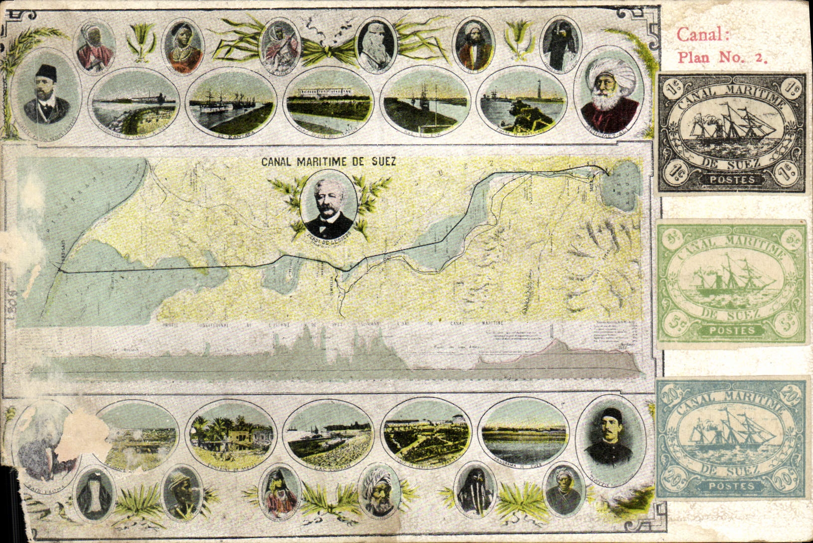 VINTAGE POSTCARD Ship canal Of Suez Egypt with stamps Suez Canal 1c 5 C and 20c