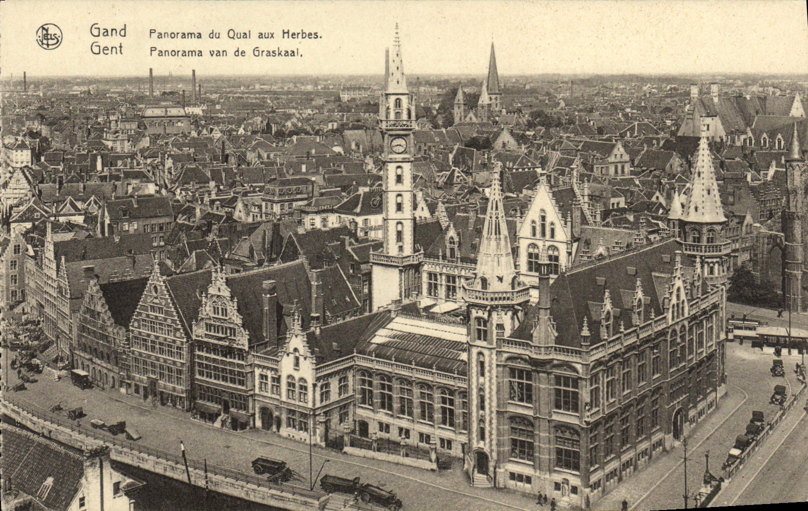 Panorama de Gante de la POSTAL de la VENDIMIA del Quay a las hierbas