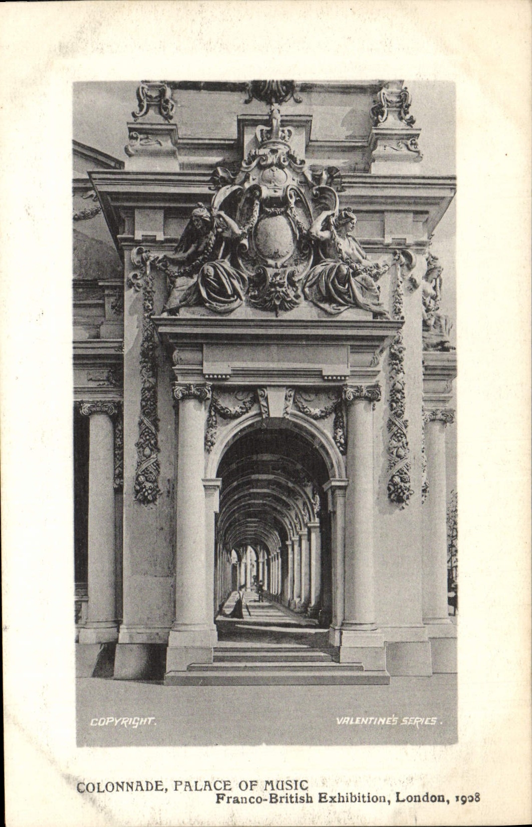 Hotel luxe del De de la columnata de la POSTAL de la VENDIMIA de la exposición británica libre Londres 1908 de la música