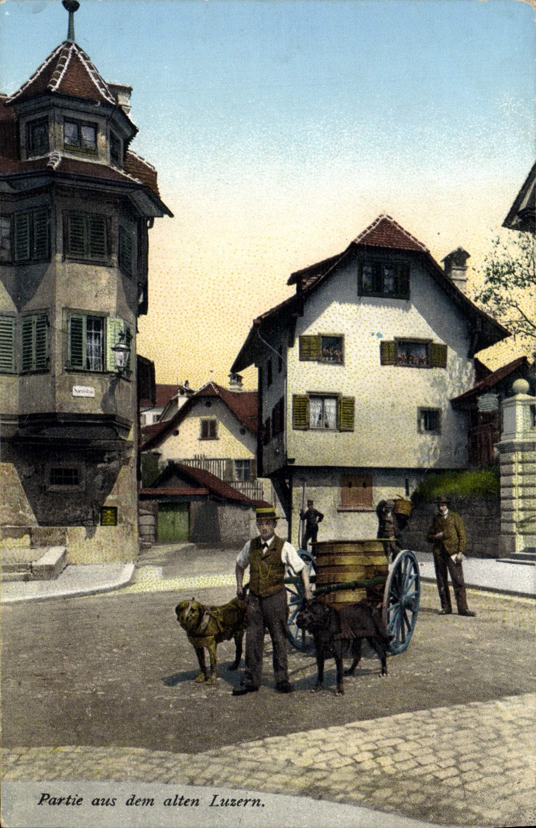 VINTAGE POSTCARD Partie Aus Dem Alten Luzern Voiture has dogs