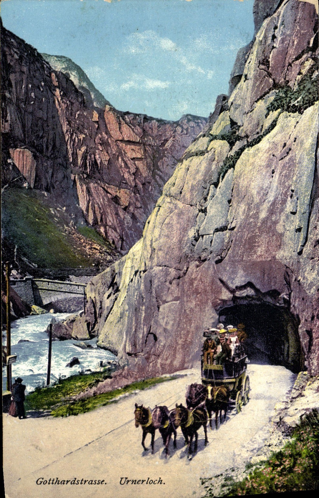 VINTAGE POSTCARD Gotthardstrasse Urnerloch Barouche Horses Diligence