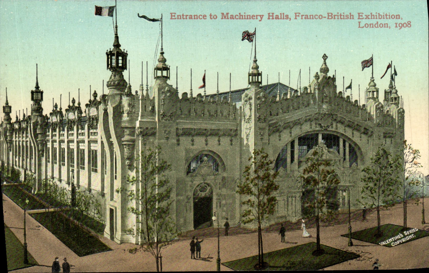 El Fan-in de la POSTAL de la VENDIMIA a los pasillos de Mahinery libera la exposición británica Londres 1908