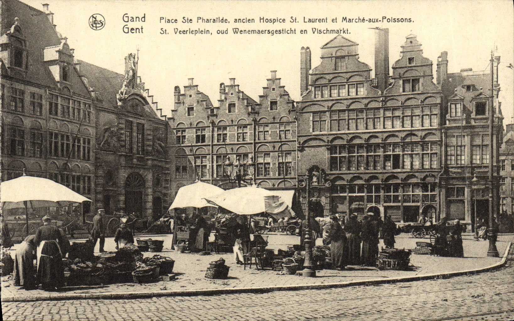 VINTAGE POSTCARD Ghent Places co. Pharailde Ancien Old people's home St Laurent And Marche At Polssons Gent St Veeleplein Oud