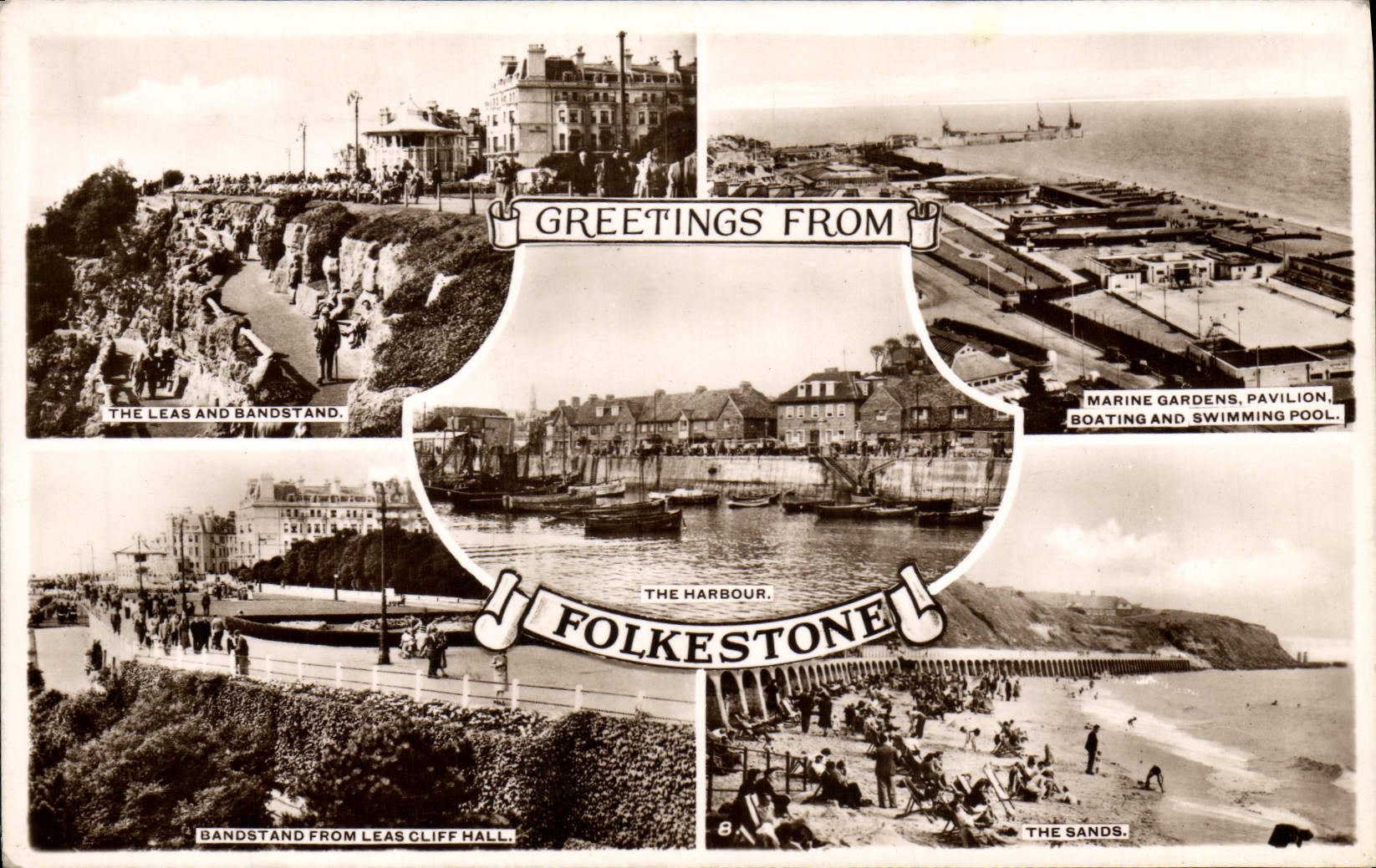 VINTAGE POSTCARD Greetings From Folkestone The leads and Bandstand The sands Navy gardens