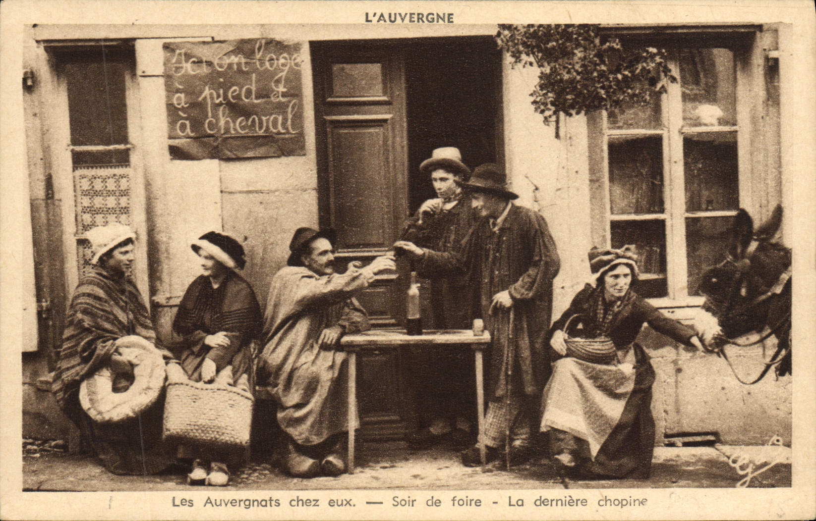 VINTAGE POSTCARD Auvergne Auvergnats On their premises Evening Of Fair the Last Bottle of wine Folklore Ass