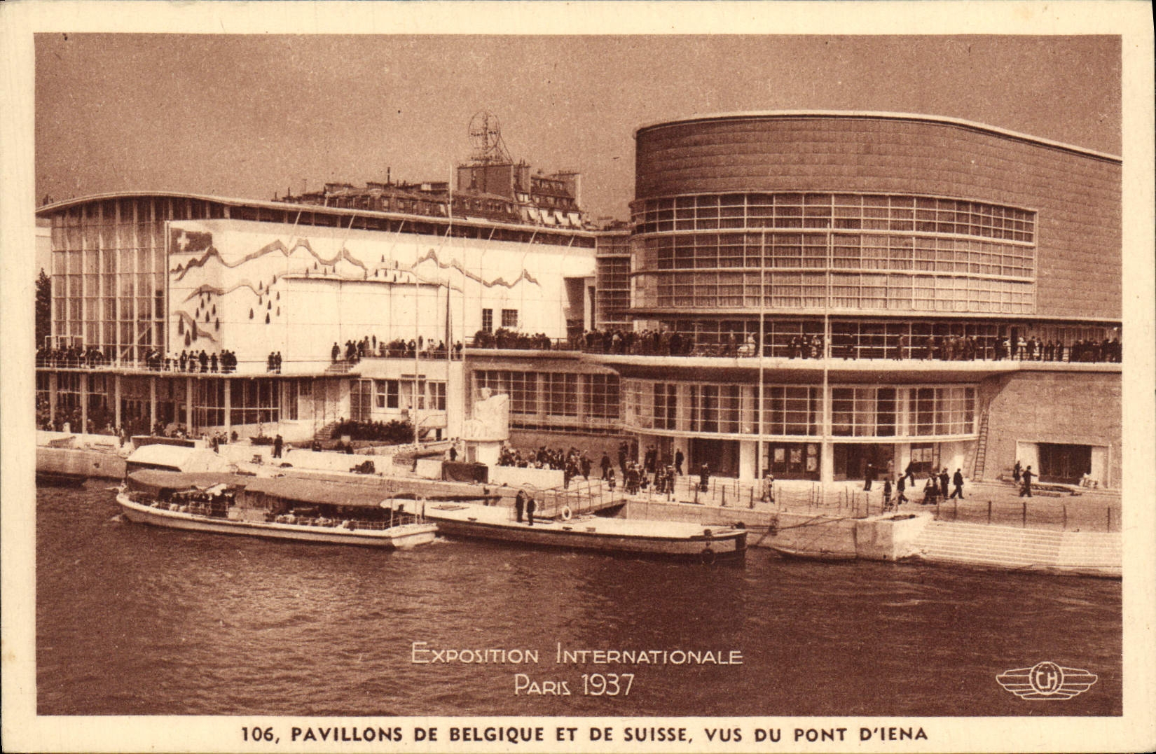 VINTAGE POSTCARD International exhibition Paris 1937 Houses of Belgium of Switzerland seen of the bridge of Iena