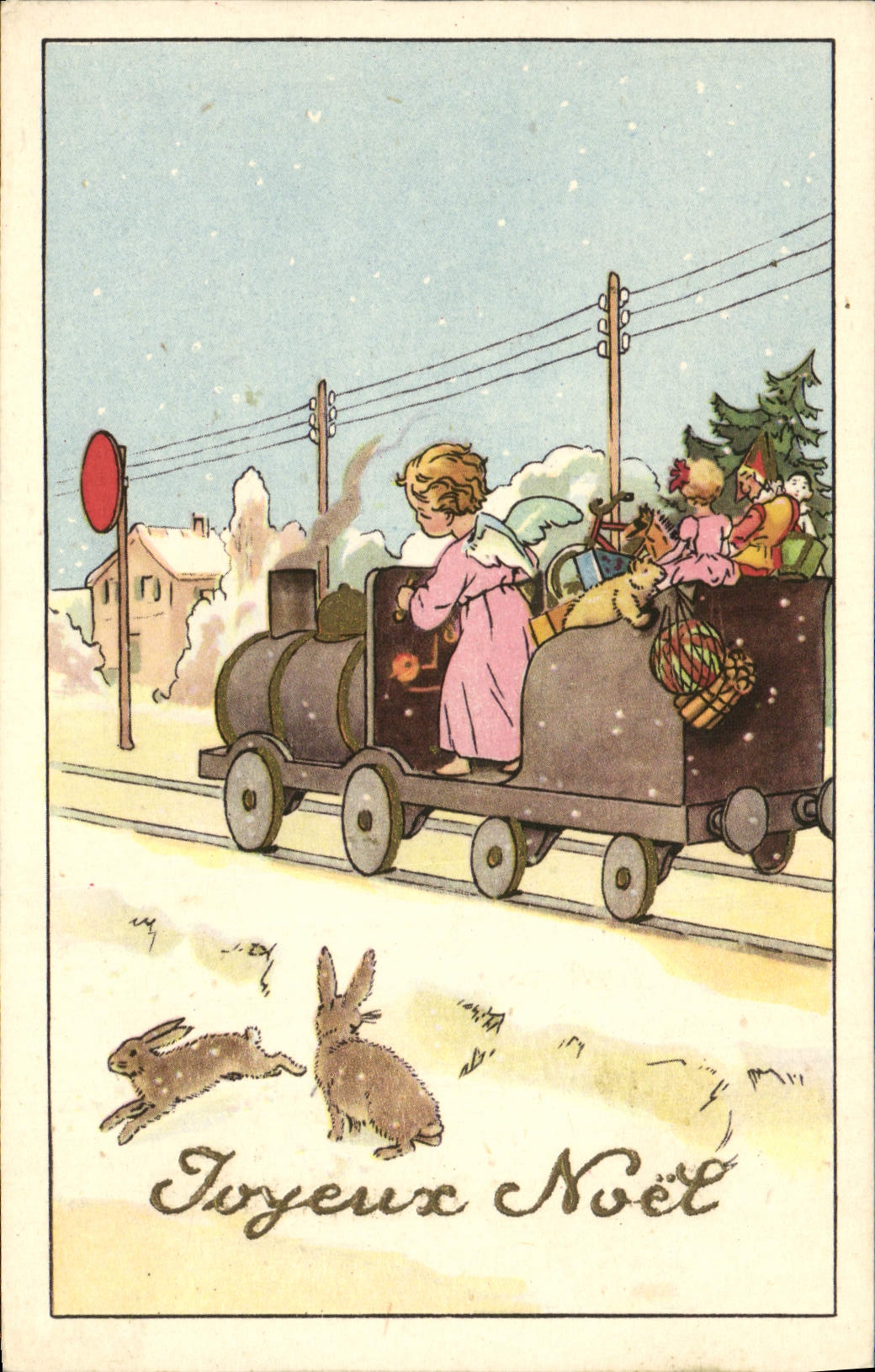VINTAGE POSTCARD Merry Christmas Fantasy Train Rabbits Angel