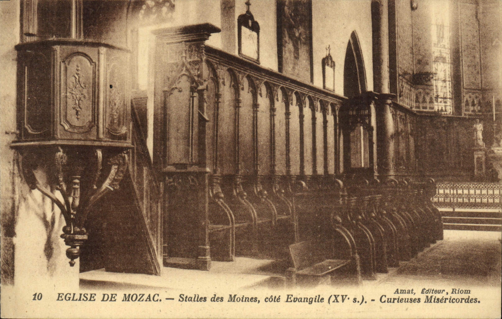 VINTAGE POSTCARD Eglise De Mozac Stalles of the Monks dimensions Evangile