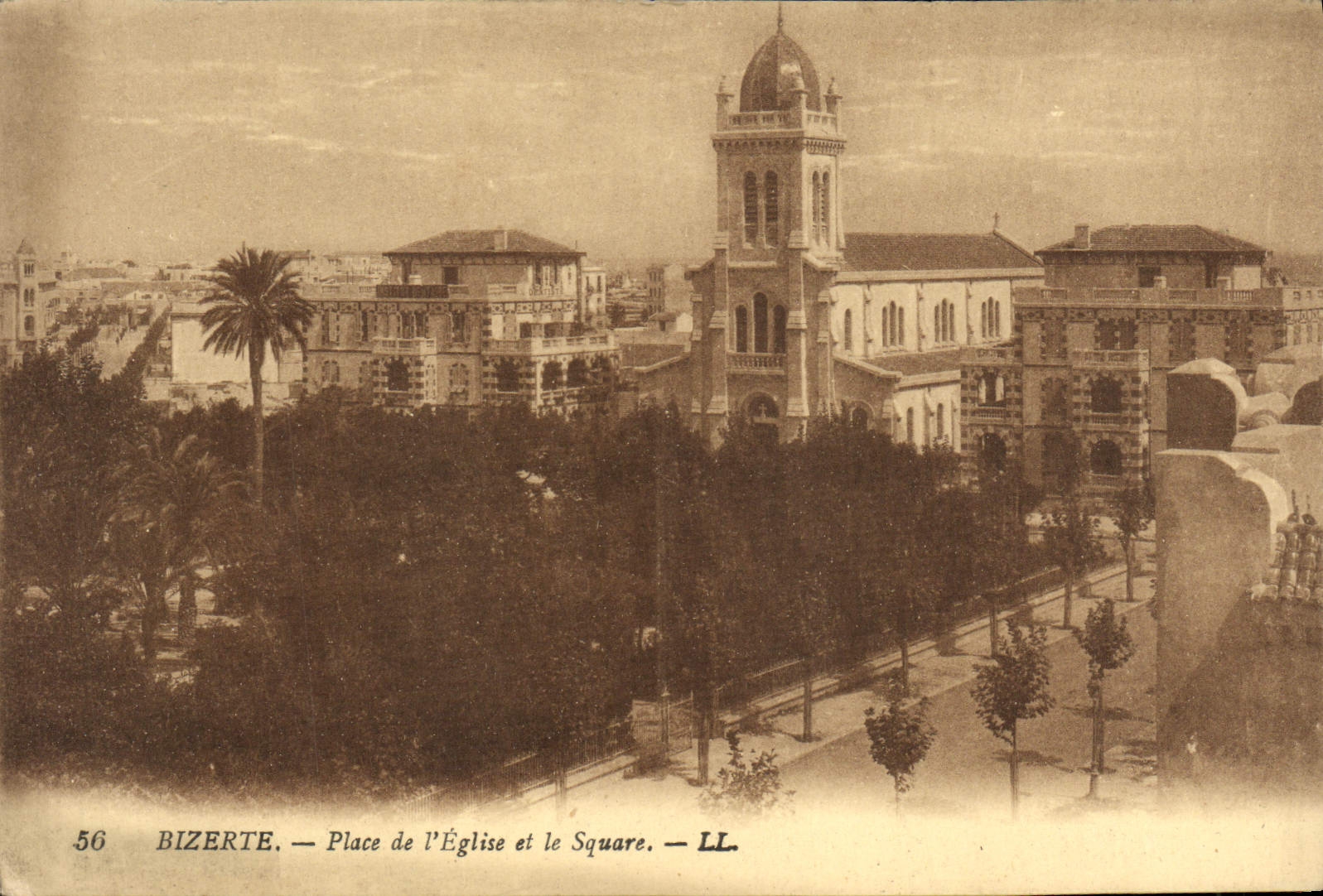 VINTAGE POSTCARD Bizerte Places Church And the Public garden