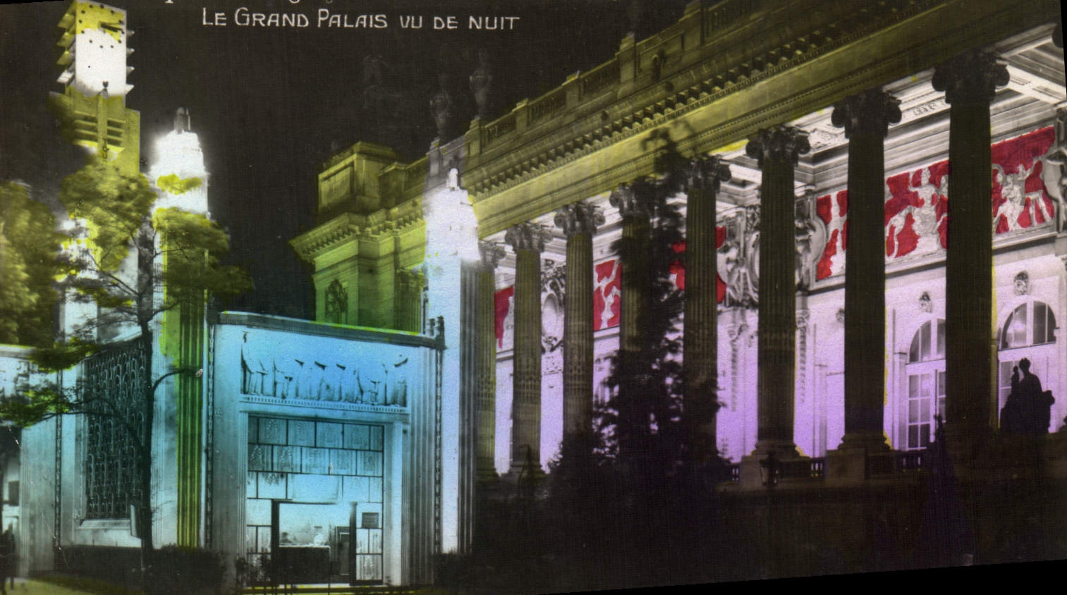Feria de París de la POSTAL de la VENDIMIA de los artes decorativos Grand Palais vistos de noche
