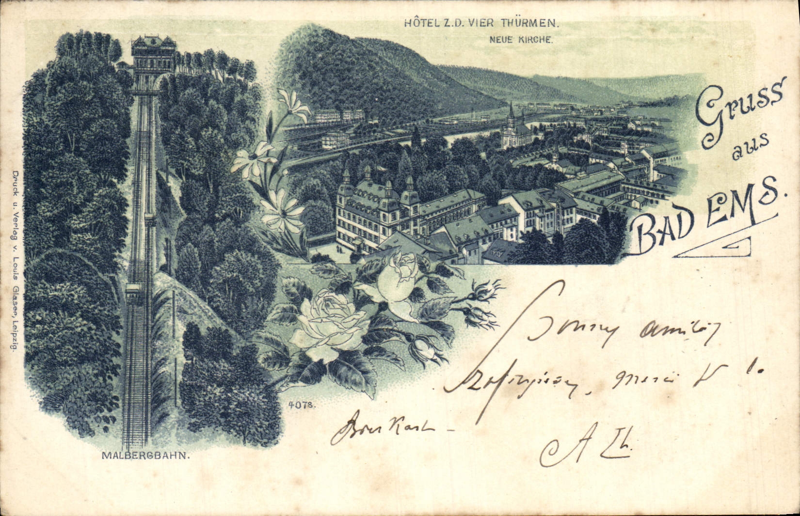 VINTAGE POSTCARD Gruss Aus Bad Ems Malbergbahn Hotel Z O Vier Thrumen Chart 1899