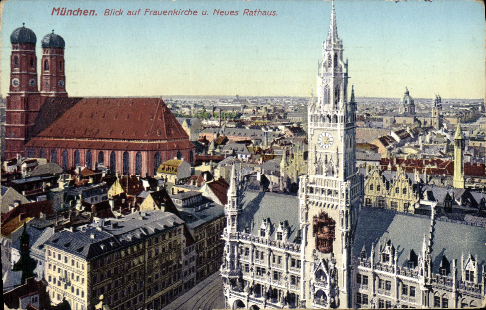 VINTAGE POSTCARD Munchen Blivck Auf Frauenkirche U Neues Rathaus