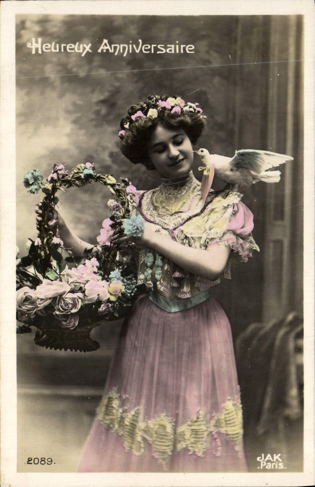 VINTAGE POSTCARD Fantasy Woman Happy Dove Birthday