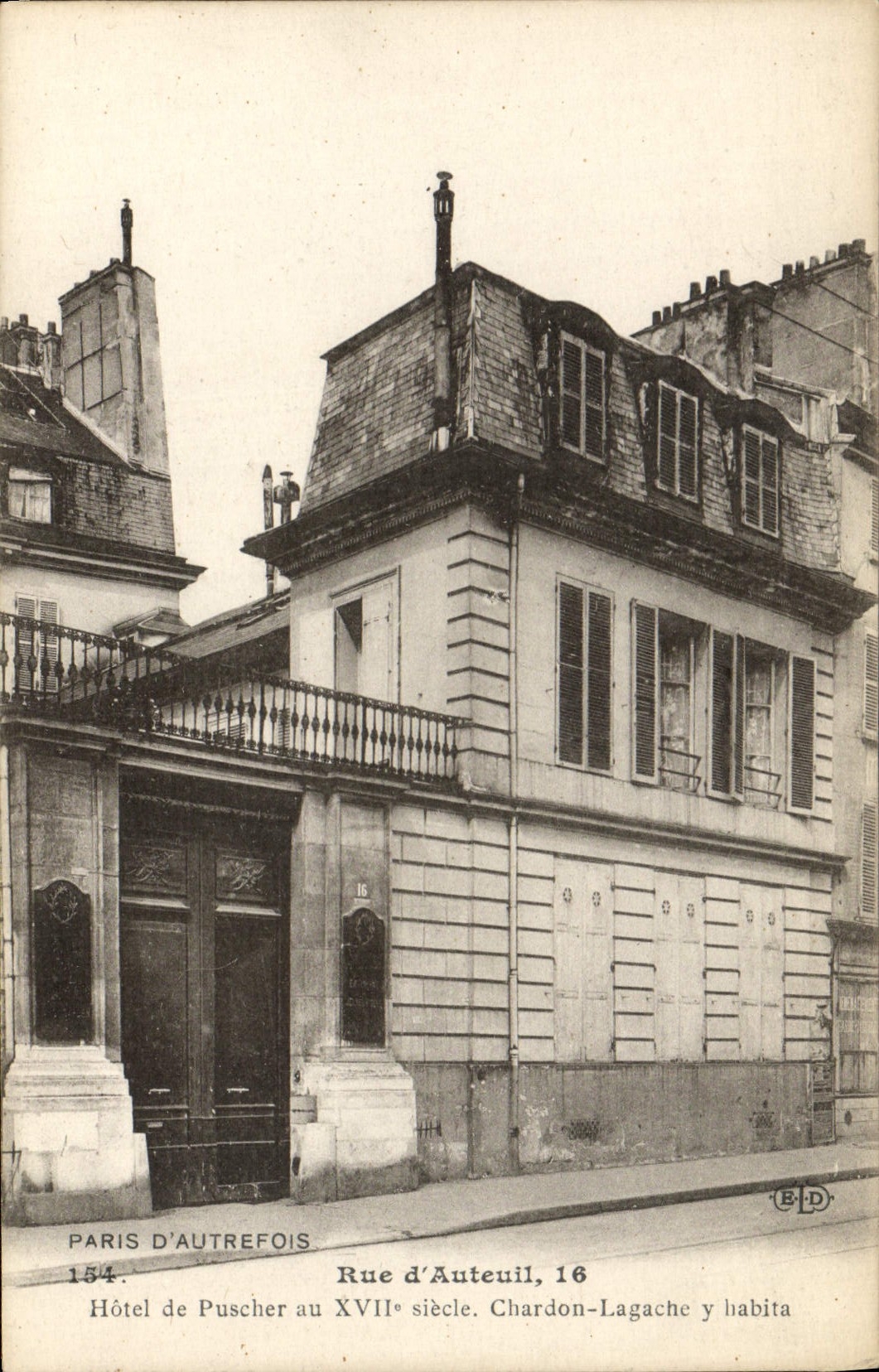 VINTAGE POSTCARD Paris D' Autrefois Street of Auteuil Hotel De Puscher Chardon Lagache lived there