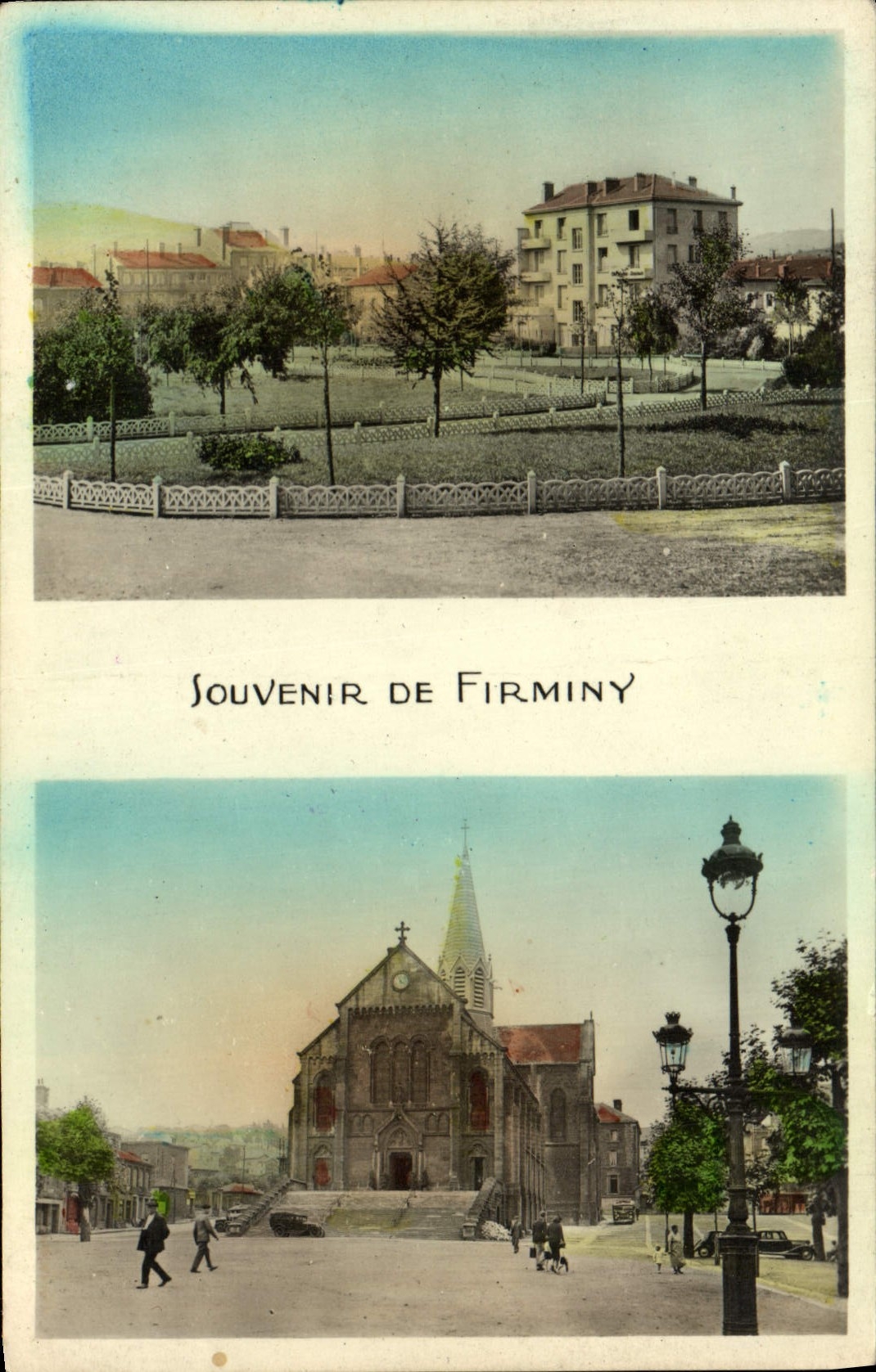 VINTAGE POSTCARD Firminy Places of Breuil the church St Firmin and the public garden