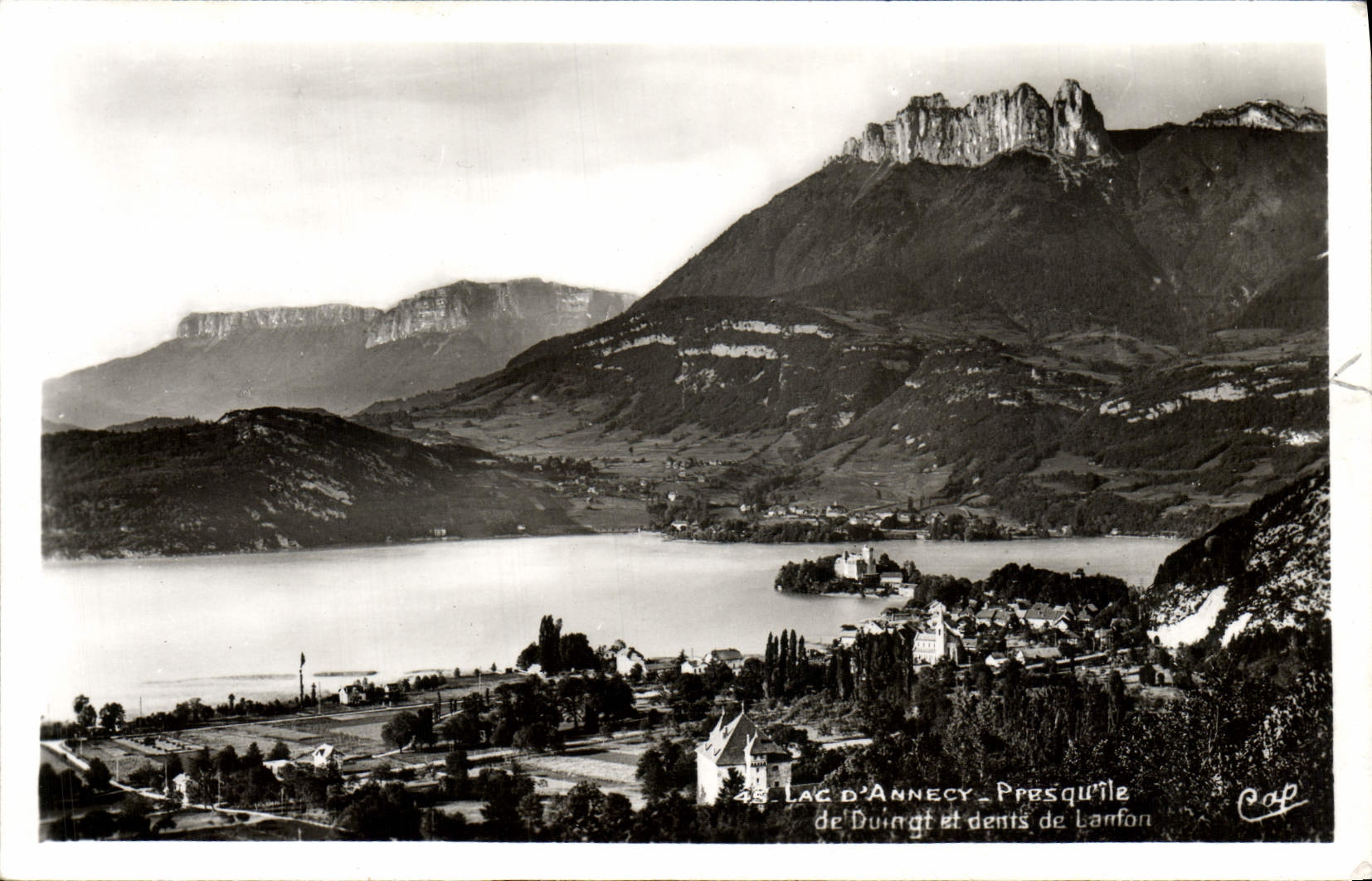 Lago peninsula de Annecy de la POSTAL de la VENDIMIA de Duingt y abolladuras de Lanfon