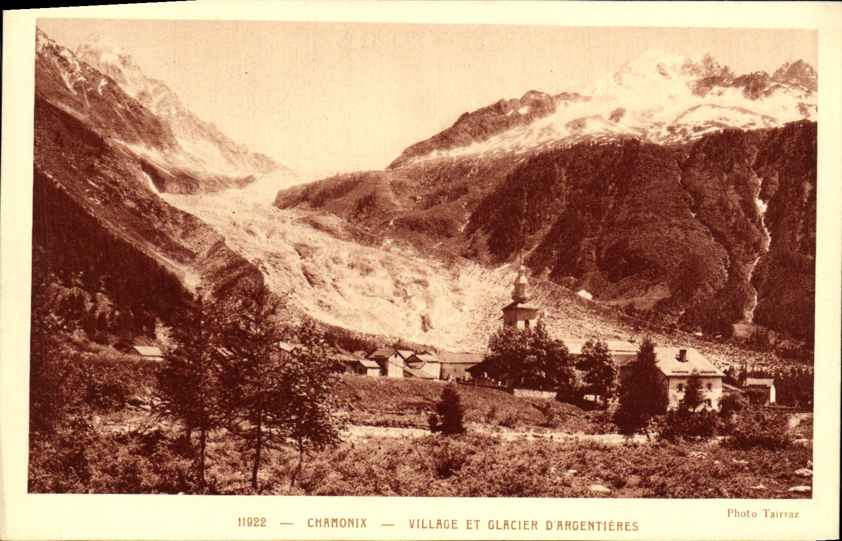 Aldea y glaciar D Argentieres de Chamonix de la POSTAL de la VENDIMIA