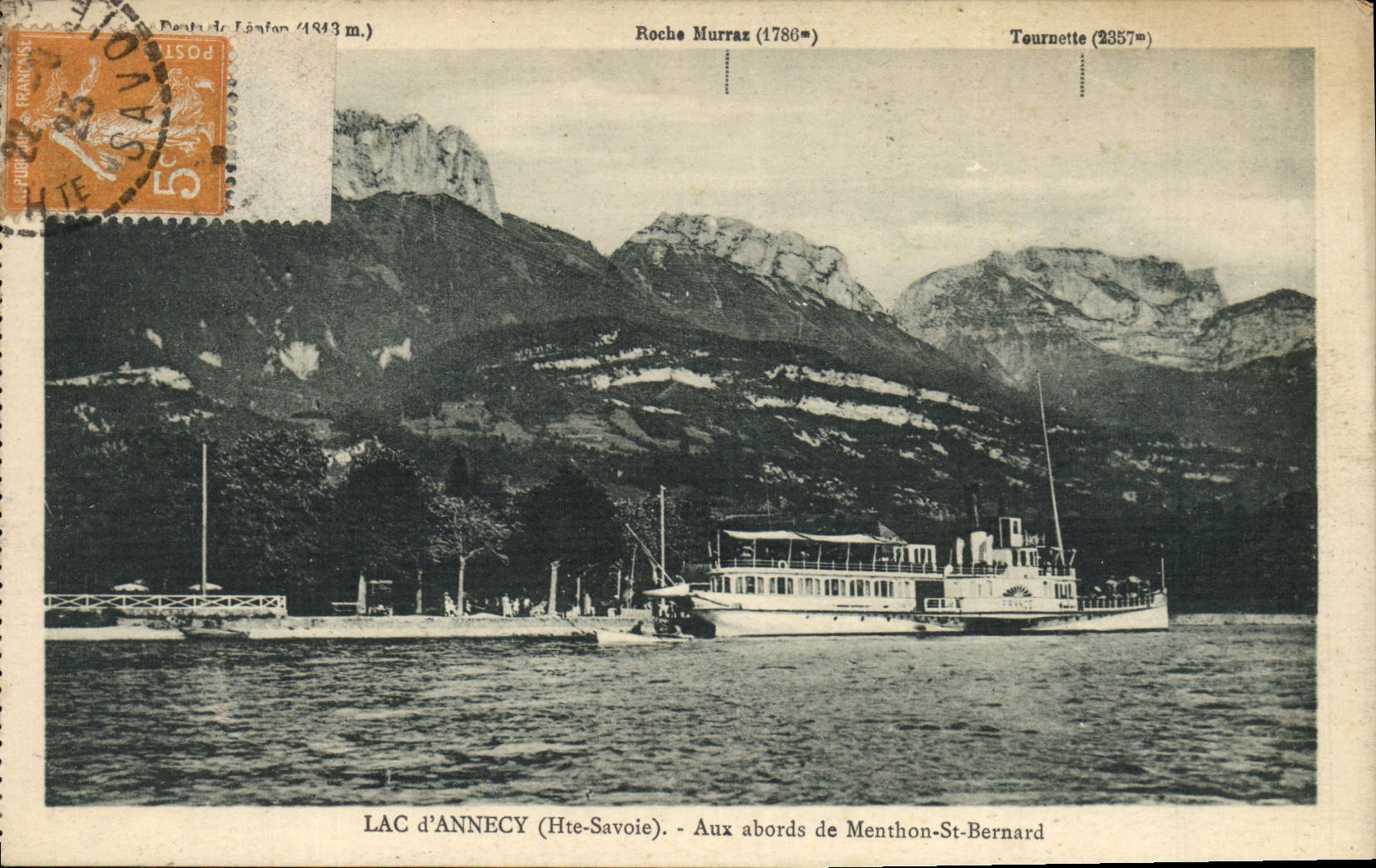 Lago annecy de la POSTAL de la VENDIMIA a los accesos del barco del St Bernaard de Menthon
