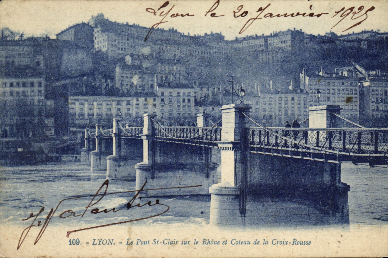 POSTAL Lyon de la VENDIMIA el St del claro del puente en el Rhone y el Coleau de la cruz