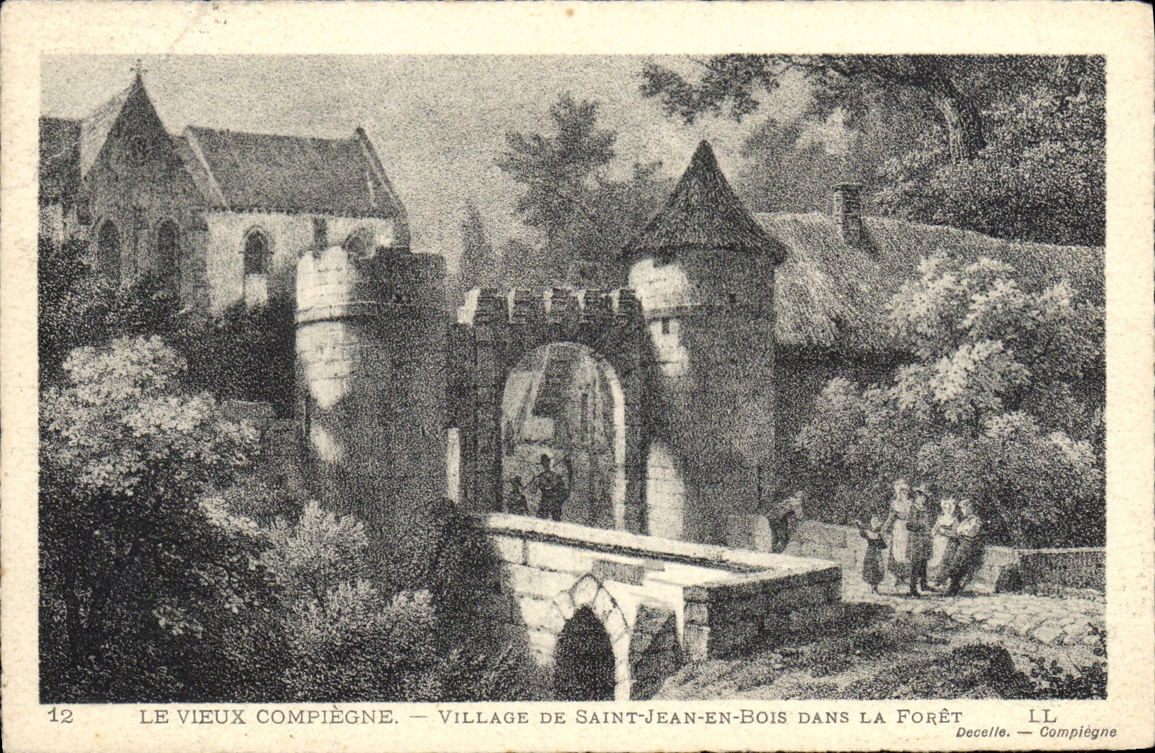 POSTAL de la VENDIMIA la aldea de Compiegne del viejo hombre de Jean Saint de la madera el taladro