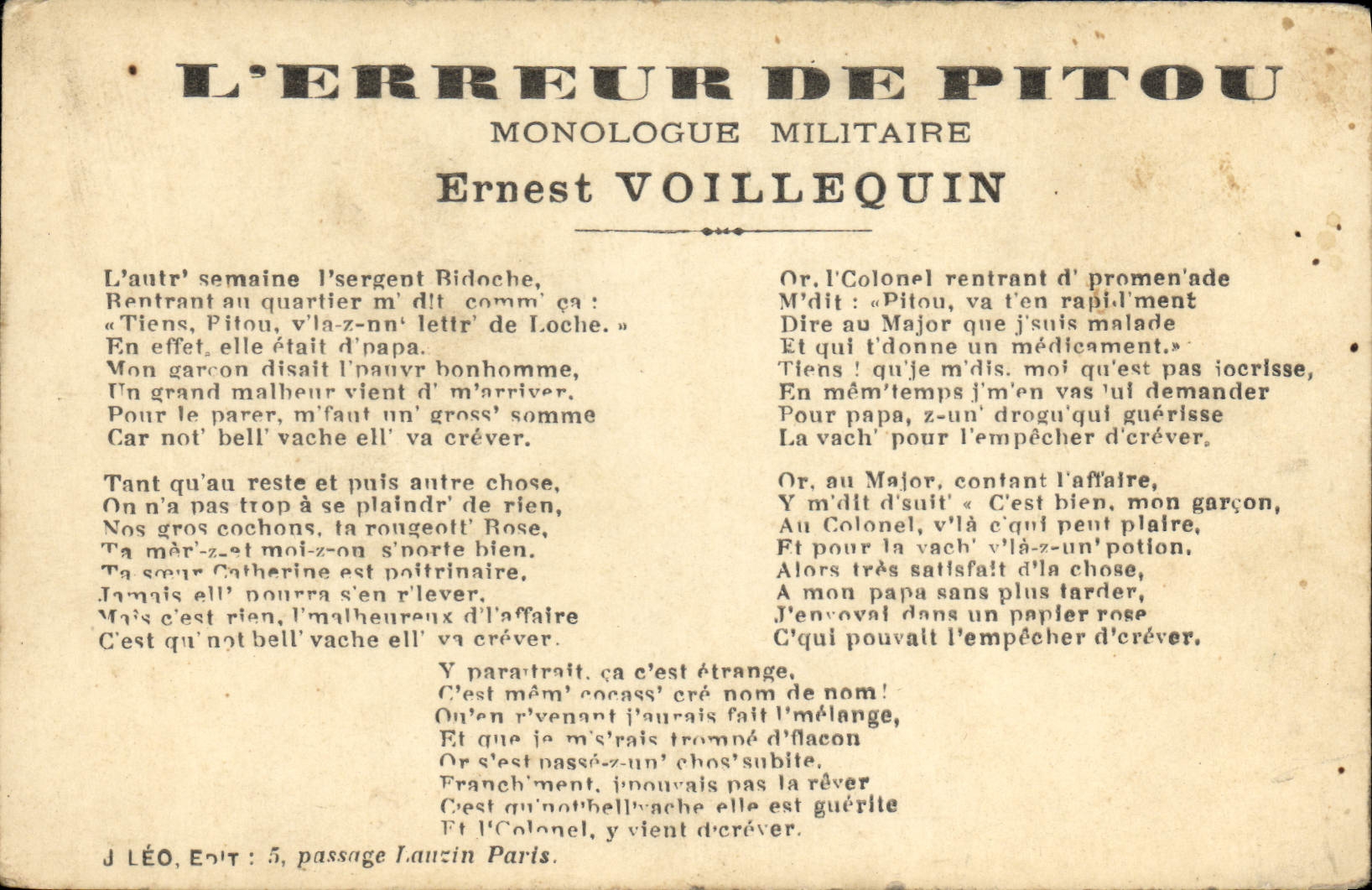 VINTAGE POSTCARD the error of military Pitou Monolog Ernest Voillequin Militaria