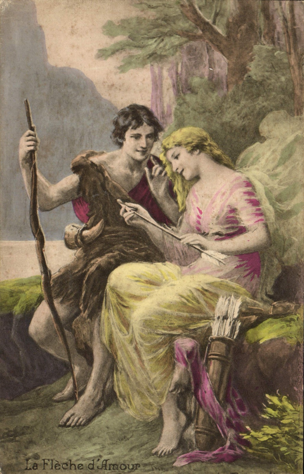 VINTAGE POSTCARD Fantasy Woman the arrow of love Arc Shooting to the arc