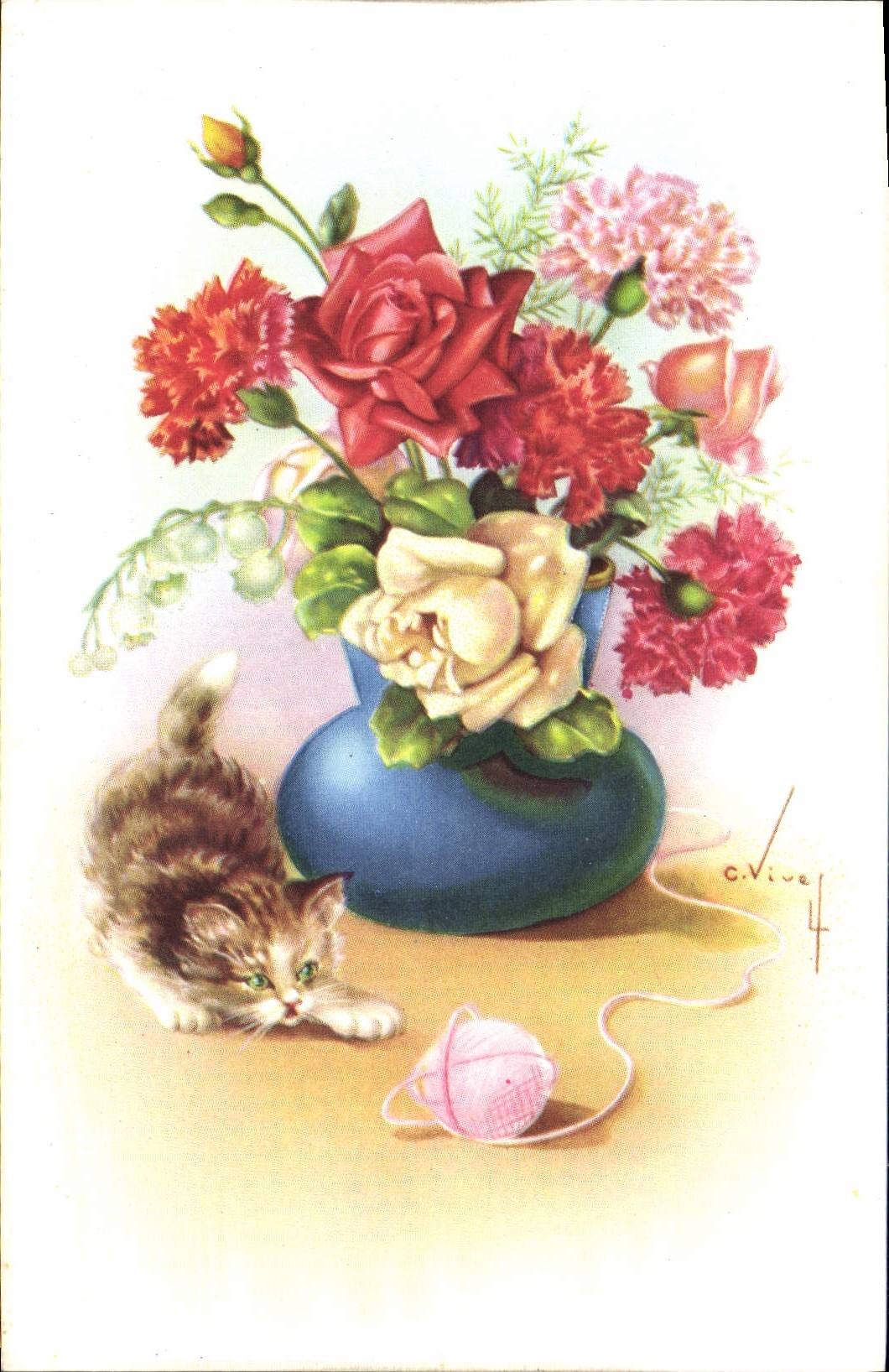 CPA Fantaisie Fleurs Chat