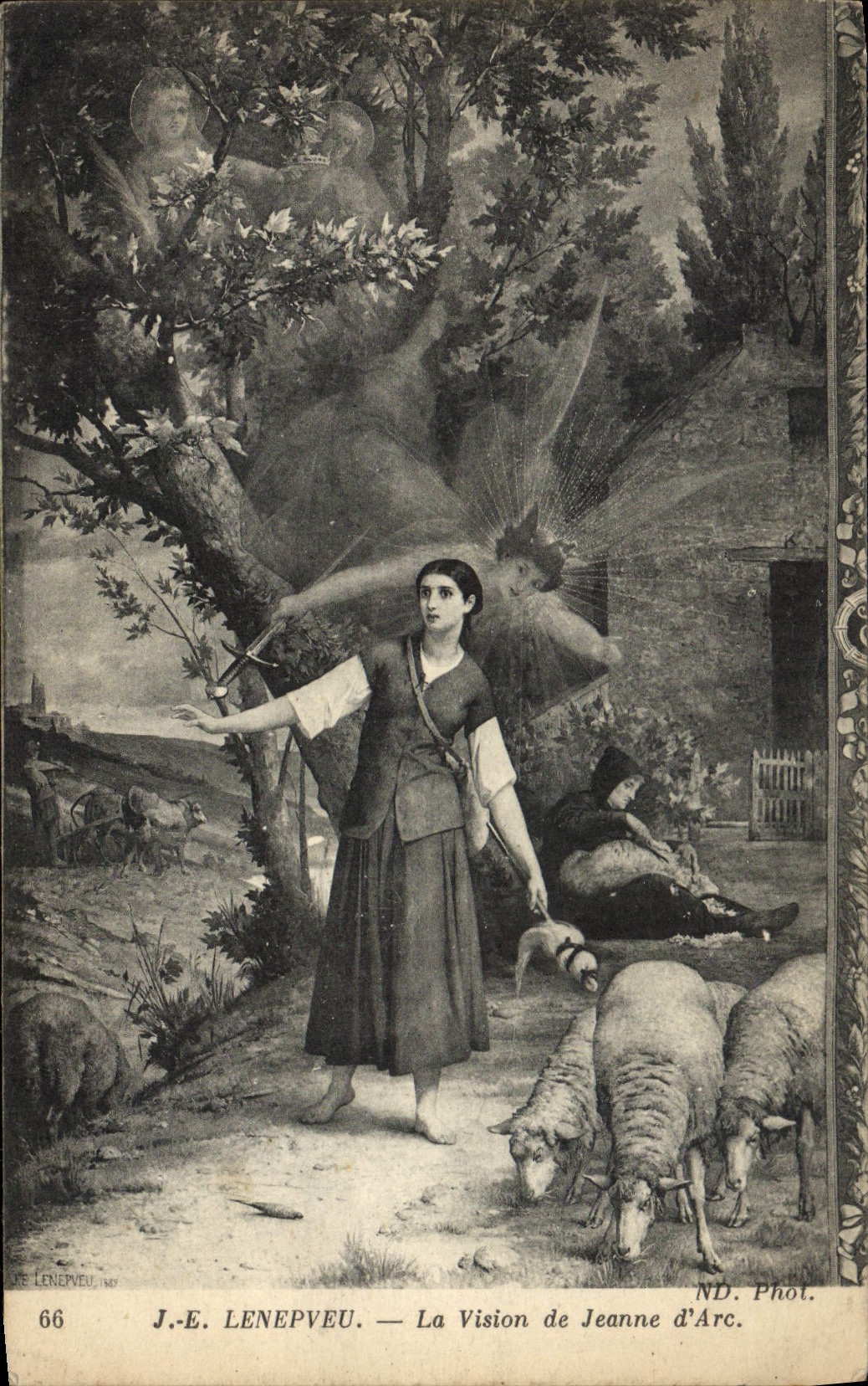 VINTAGE POSTCARD Lenpeveu Fantasy vision of Jeanne d' Arc Sheep